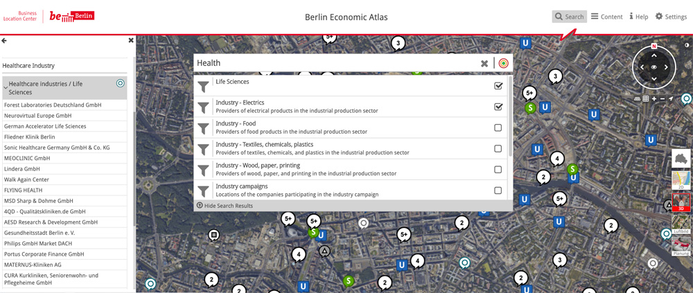 2D map view economic atlas berlin, business location finder
