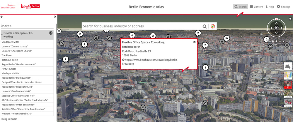 3D map view economic atlas berlin, business location finder