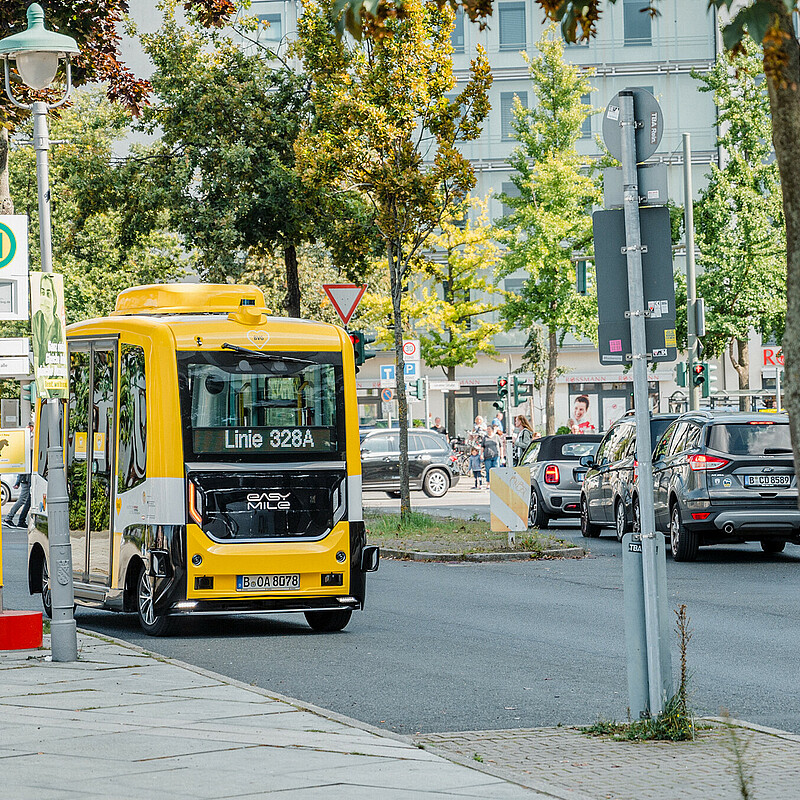 A self-driving bus covering a regular scheduled route in Berlin.