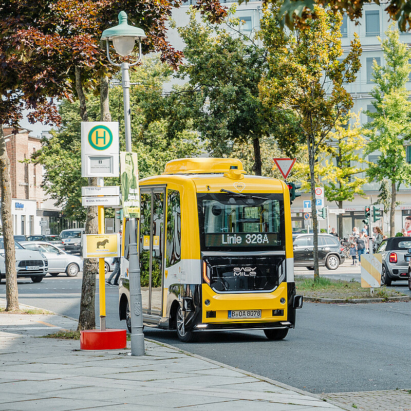 A self-driving bus covering a regular scheduled route in Berlin.