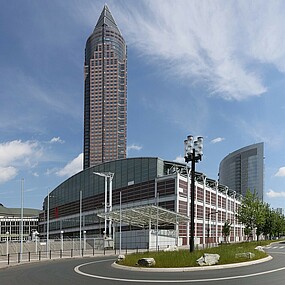 skyscraper and exhibition buildings at Messe Frankfurt